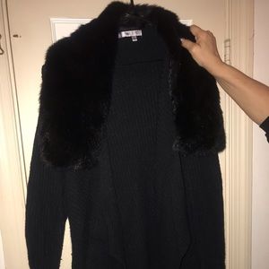 Black Cardigan with Removable Fur Collar